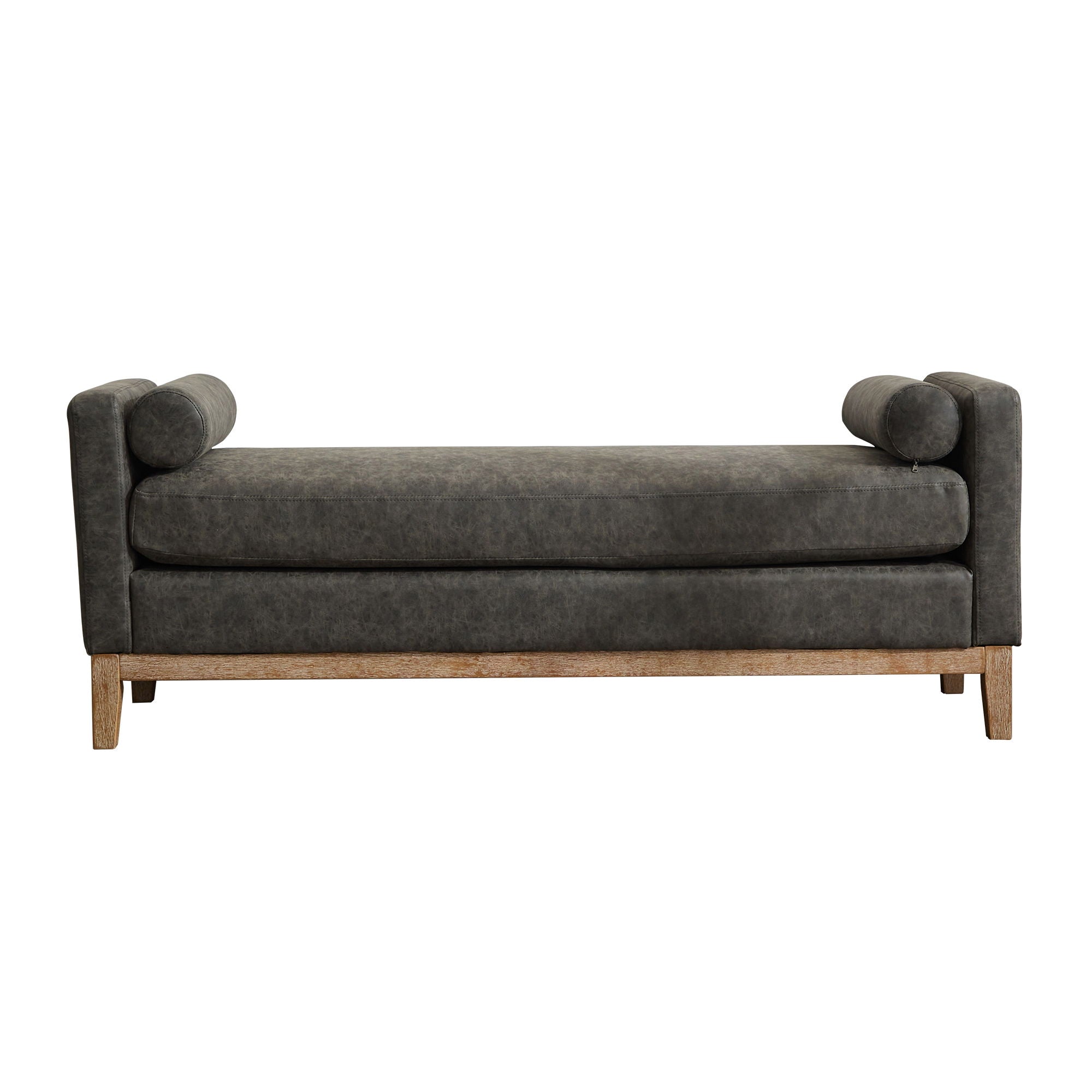 Elegant Upholstered Bench, Daybed, Ottman With Wood Legs & 2 Bolster Pillows For Bedroom, Living Room, Entryway - Gray