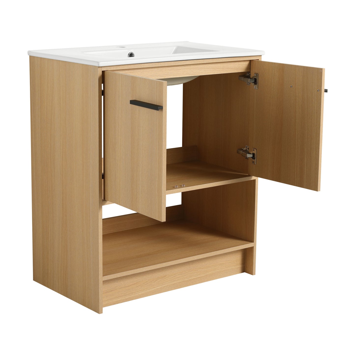 Modern 30" Bathroom Vanity With Ceramic Sink, Freestanding Cabinet, 2 Soft Closing Doors - Oak