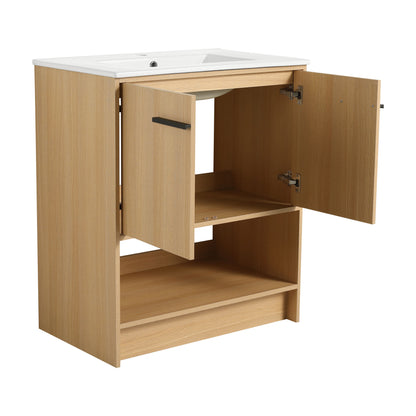 Modern 30" Bathroom Vanity With Ceramic Sink, Freestanding Cabinet, 2 Soft Closing Doors - Oak