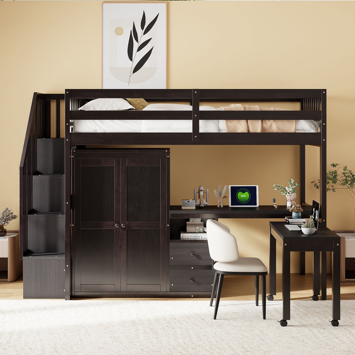 Twin Size Loft Bed With Stairs, Bookshelf, Drawers, Desk & Wardrobe, Space Saving Multifunctional Furniture - Espresso