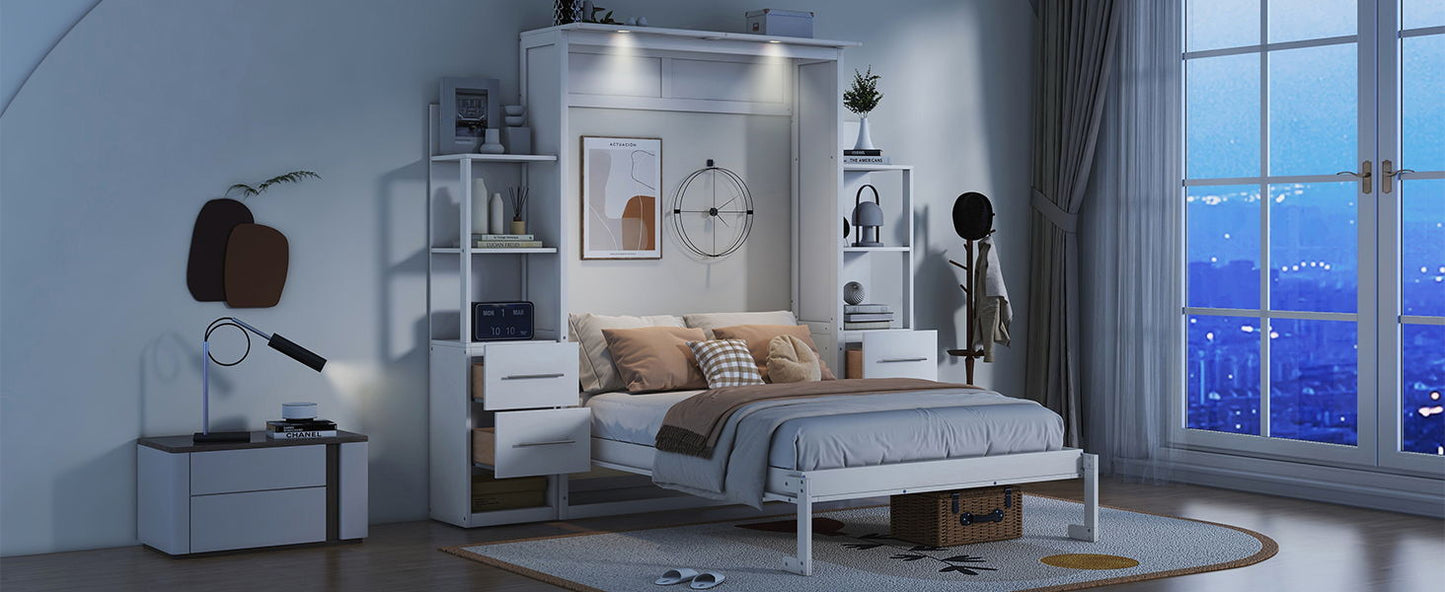 Full Size Murphy Wall Bed With Shelves, Drawers And LED Lights - White