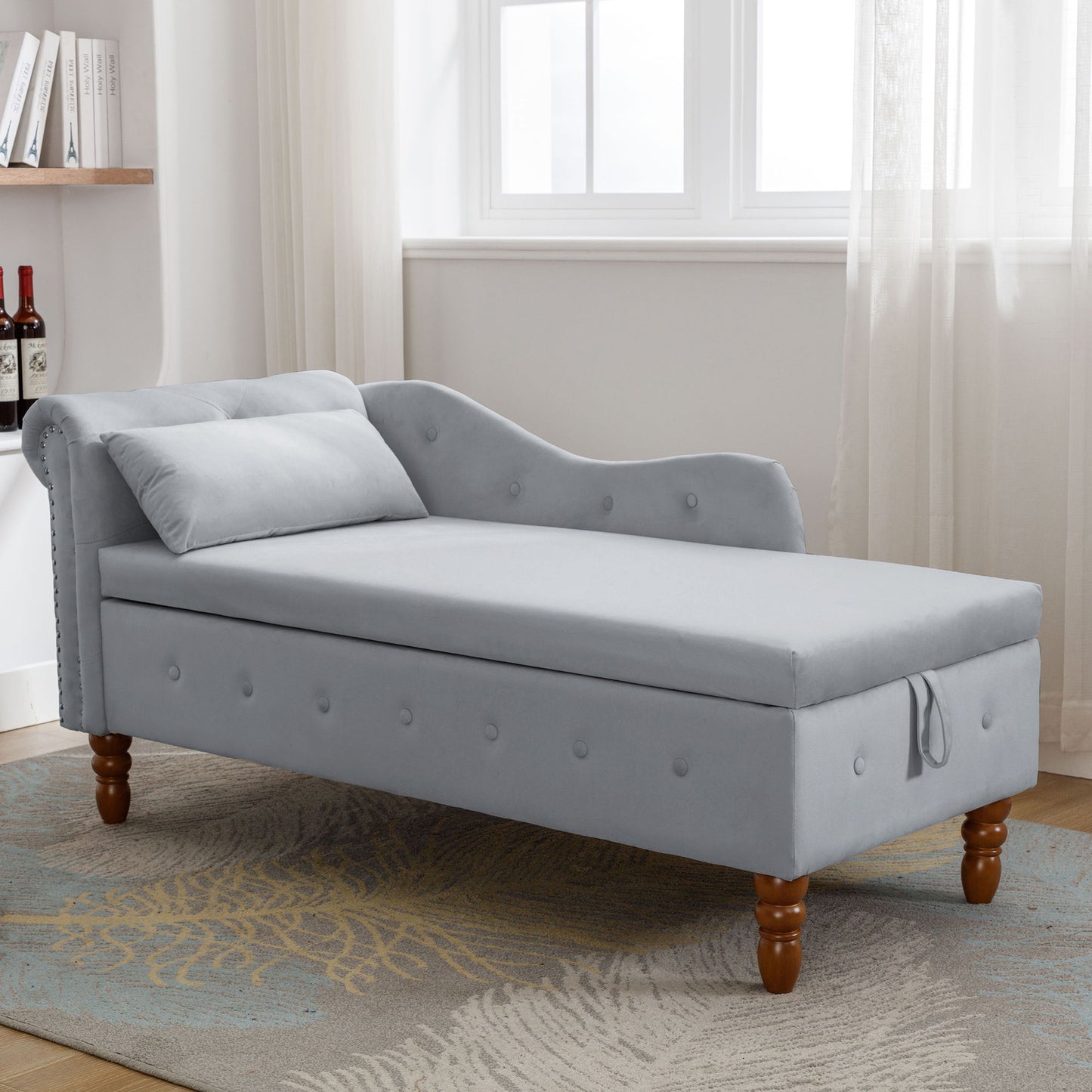 Chaise Lounge Indoor, Velvet Lounge Chair For Bedroom With Storage & Pillow, Modern Upholstered Rolled Arm Chase Lounge For Sleeping With Nailhead Trim For Living Room Bedroom Office - Gray