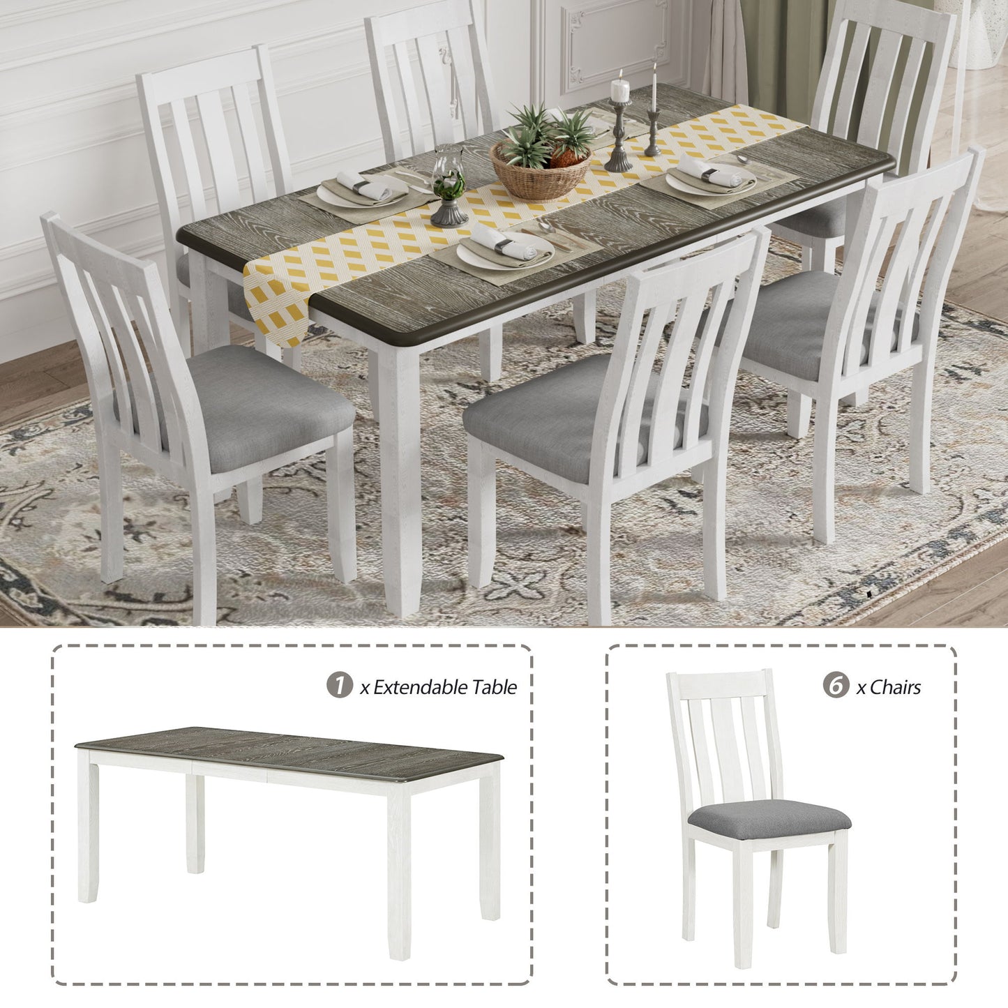 7 Piece Dining Table Set Retro Style With Extendable Table And 6 Upholstered Chairs - Antique Brown / White