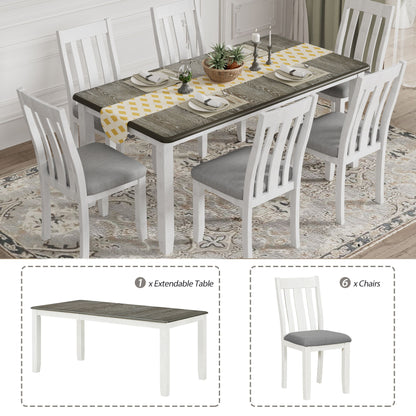 7 Piece Dining Table Set Retro Style With Extendable Table And 6 Upholstered Chairs - Antique Brown / White