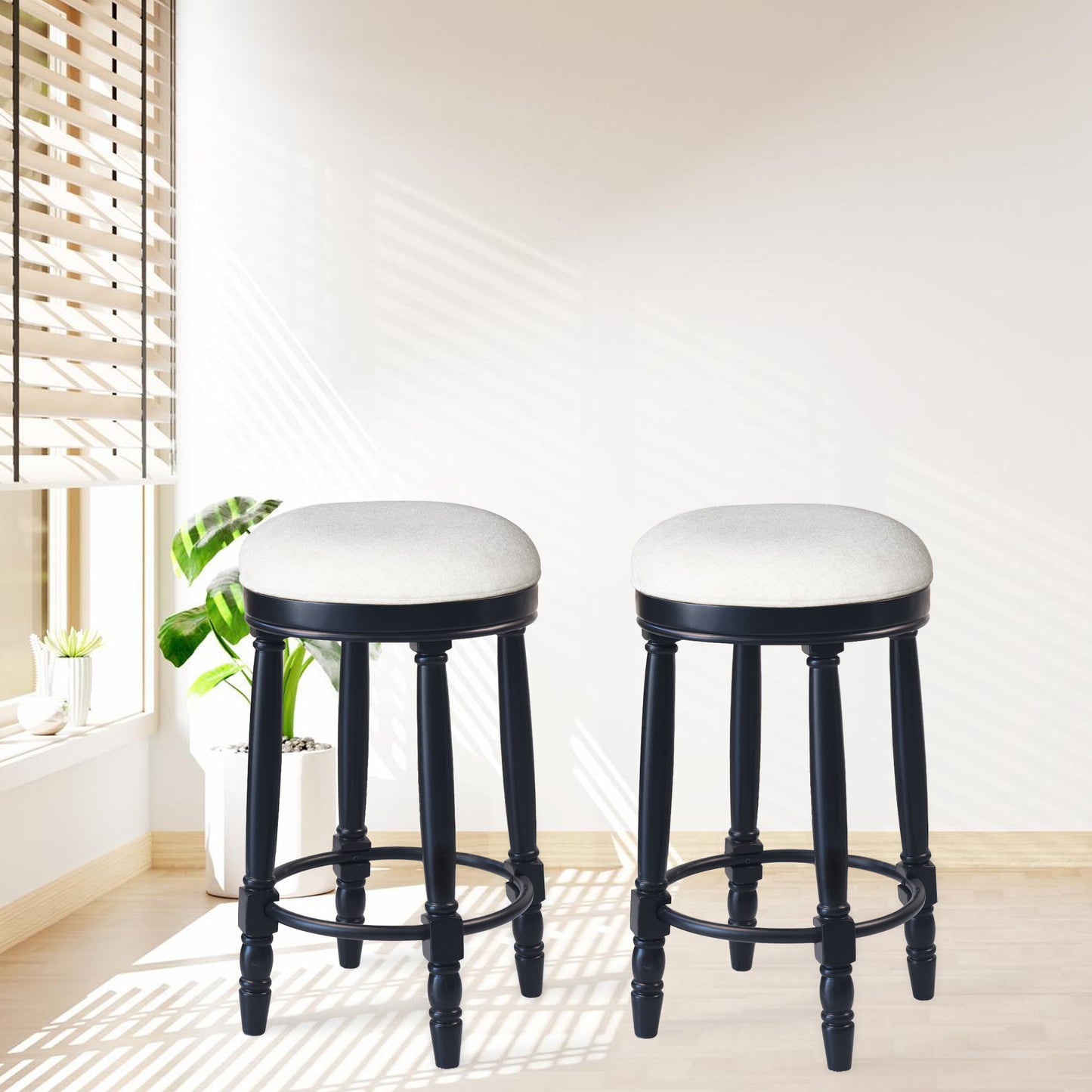 360ÔøΩÔøΩ Swivel Wooden Barstools, 26" Counter Height (Set of 2) With Fabric Upholstered Seat - Black
