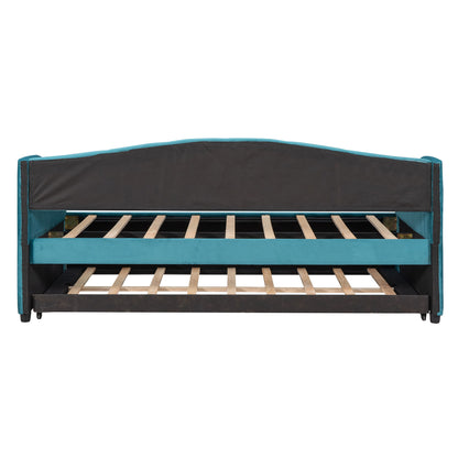 Twin Size Upholstered Daybed Sofa Bed With Trundle And Slat - Blue
