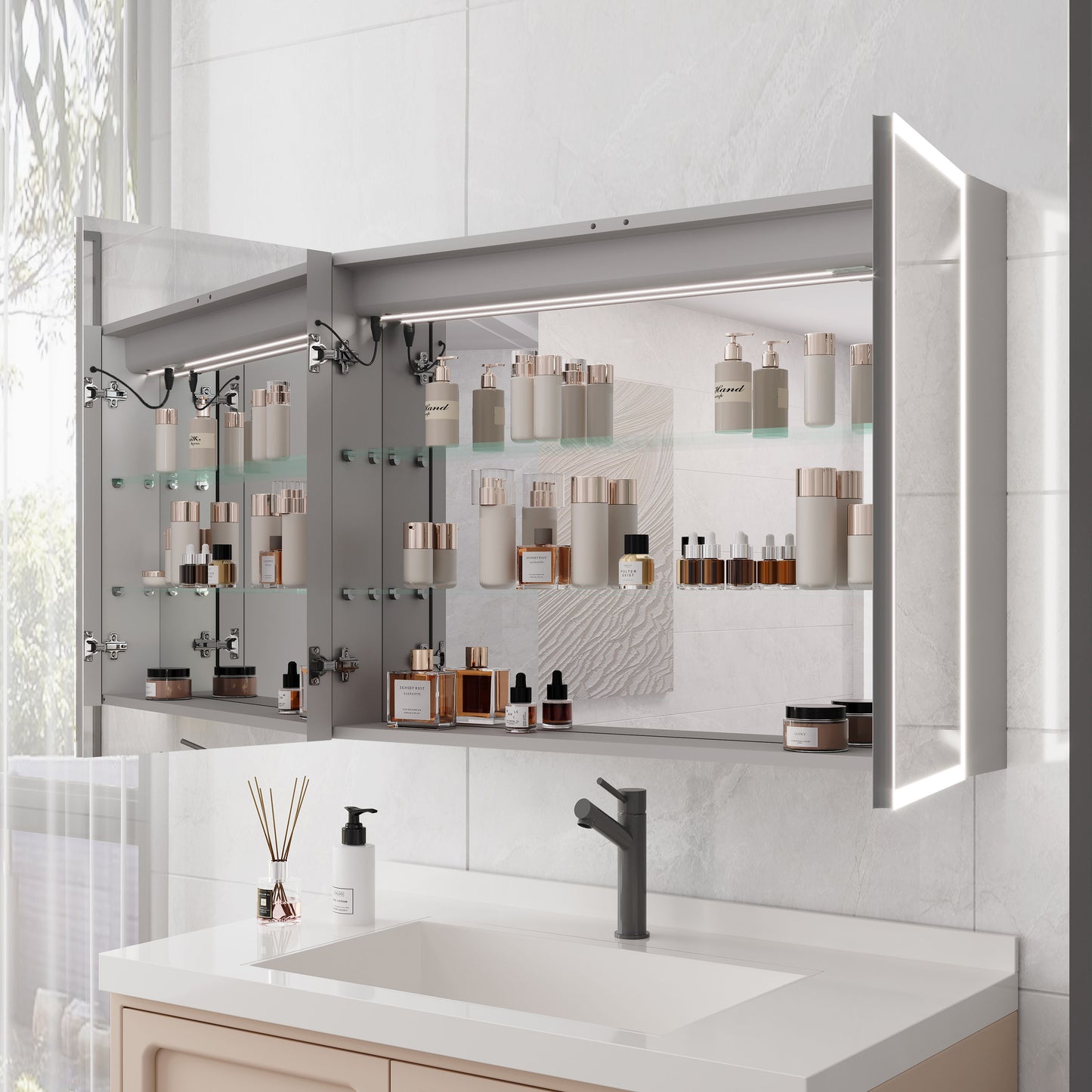 Bathroom Medicine Cabinet With Lights, LED Medicine Cabinet With Mirror, Double Door Lighted Medicine Cabinet & Defogger, Dimmer, Clock & Temp Display, 2 Outlets & USB Ports - Silver