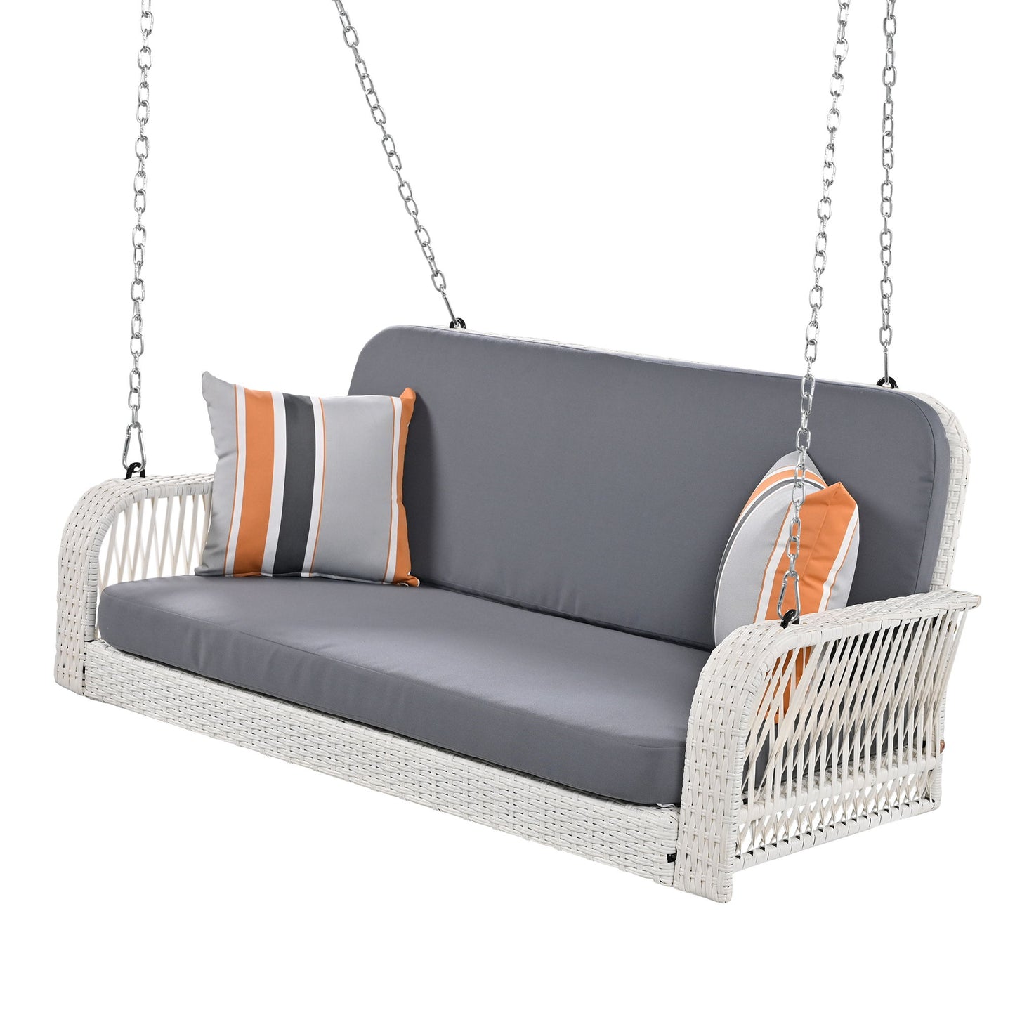 PE Wicker Porch Swing, 2 Seater Hanging Bench With Chains, Patio Furniture Swing For Backyard Garden Poolside - White / Gray