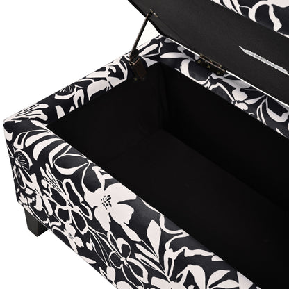 Luxury Storage Ottoman With Floral Patterned Fabric, Soft Close Hinges, Multi Functional Footrest & Seat - Black Floral / White