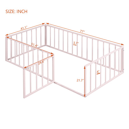 Twin Size Floor Bed Frame With Fence And Door - Pink