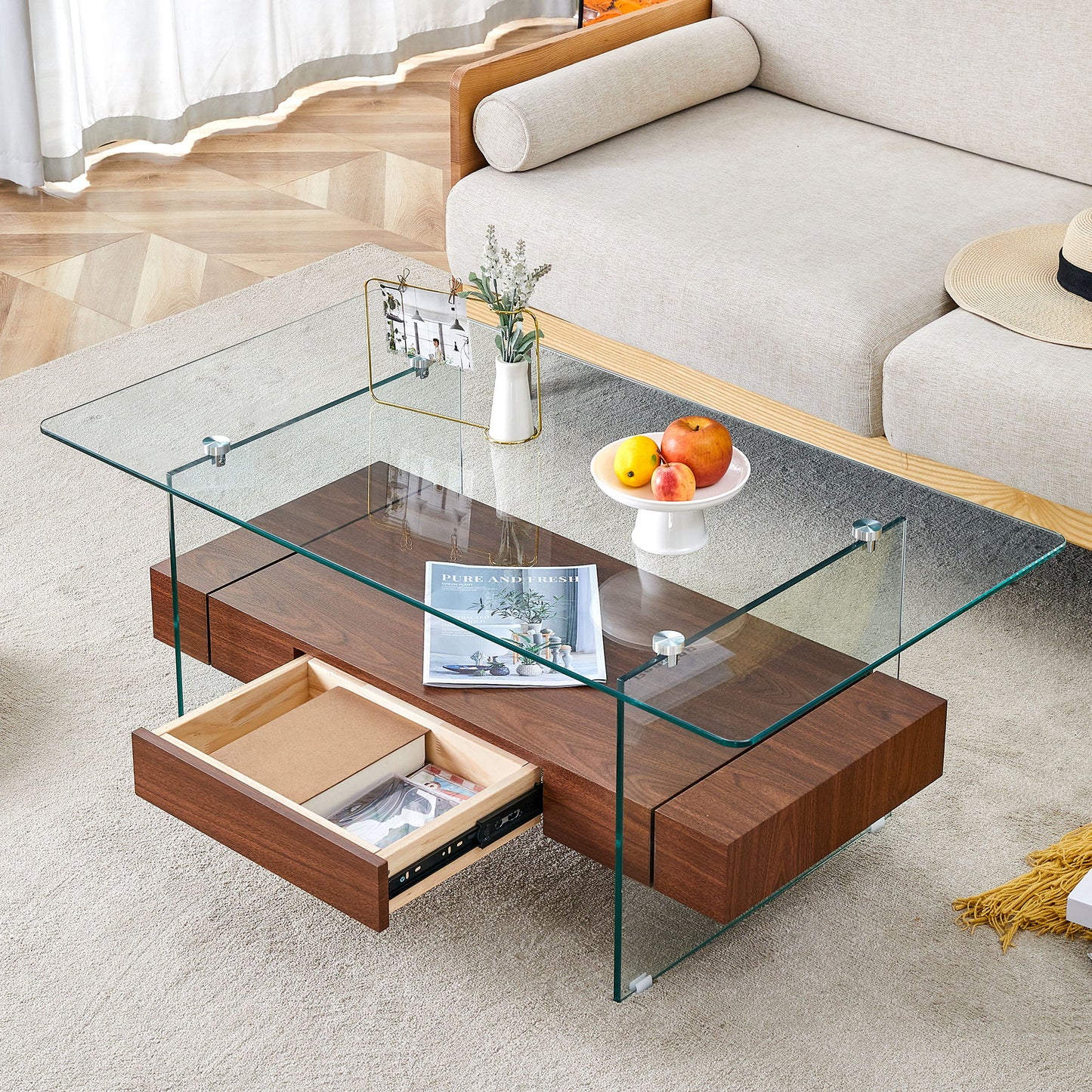 Modern 2 Tier Coffee Table With Drawer Clear Tempered Glass, Multifunctional Storage - Transparent / Wood