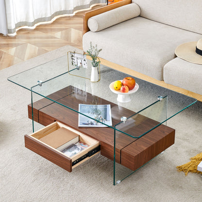 Modern 2 Tier Coffee Table With Drawer Clear Tempered Glass, Multifunctional Storage - Transparent / Wood