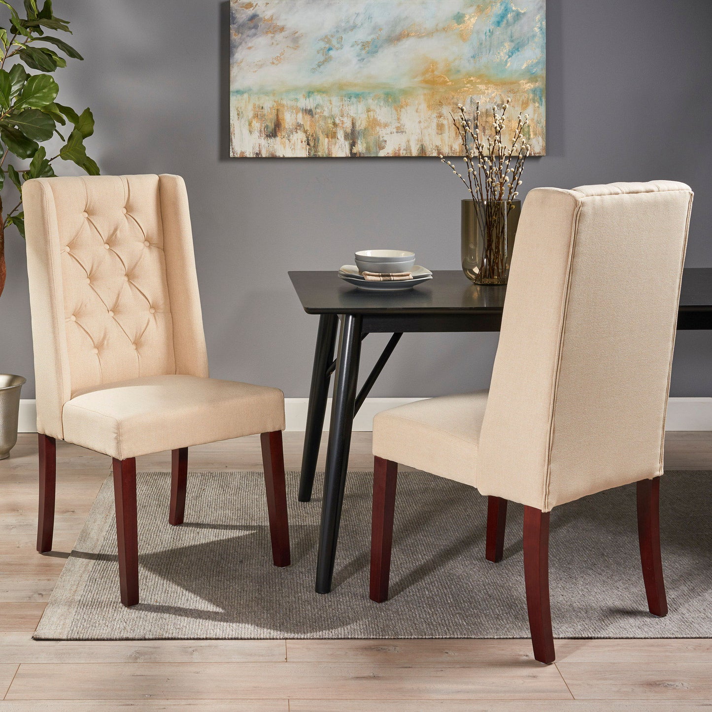 Sophisticated Tufted Dining Chairs (Set of 2) With High Back And Birch Wood Legs - Beige