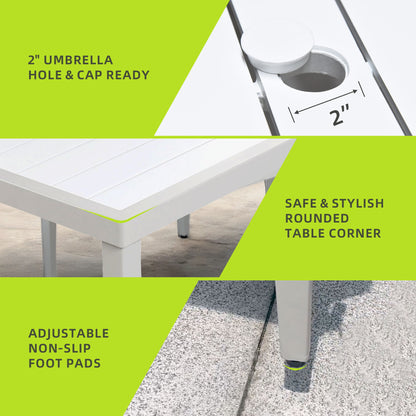 Outdoor Patio 2 Tone Table Top Rectangle Dining Table With Tapered Feet & Umbrella Hole - Matte White / Grayish
