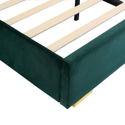 Upholstered Queen Size Bed Frame Of Velvet Tufted Headboard With Floating Nightstand LED / USB Built - Green