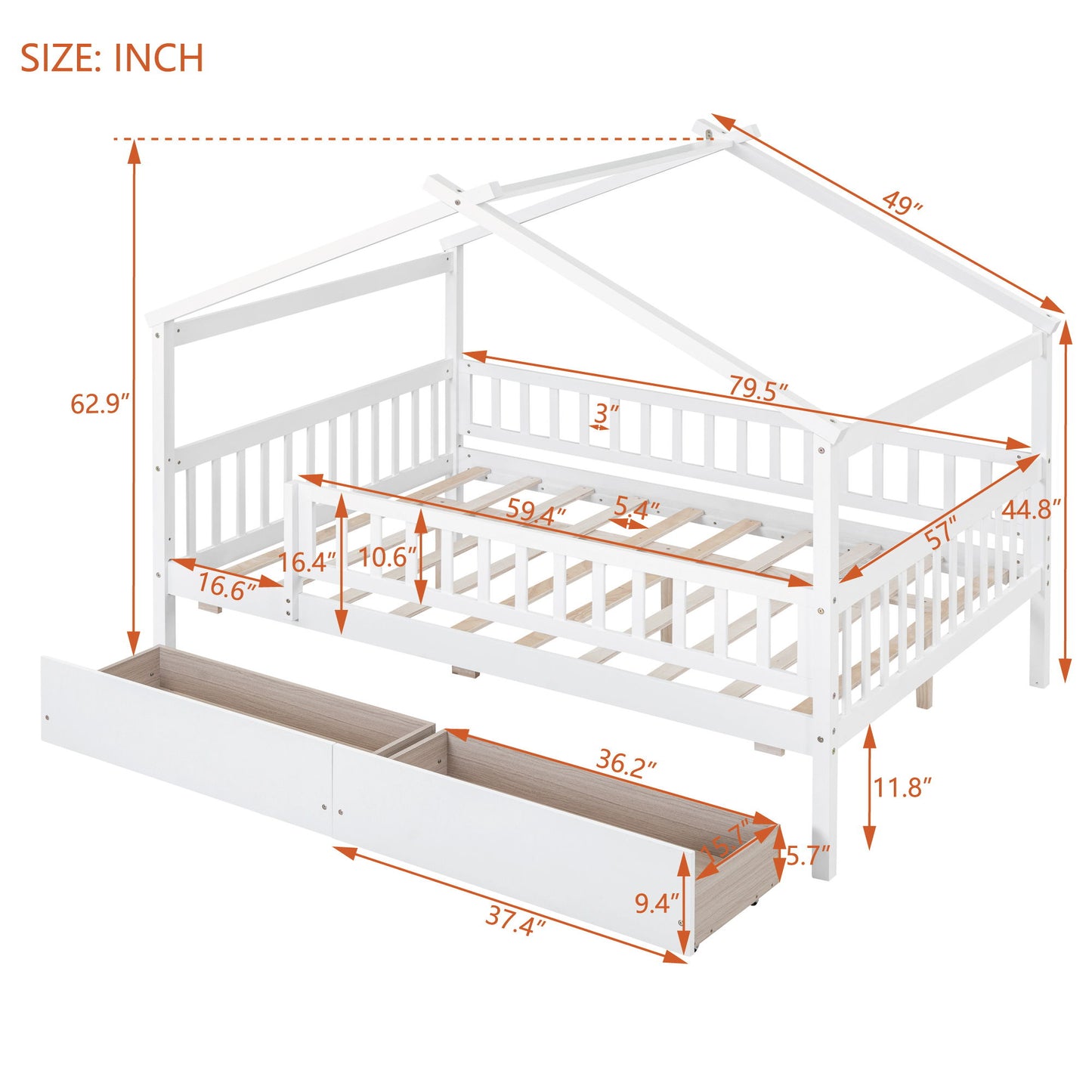 Full Size House Bed With 2 Drawers - White