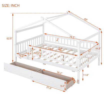 Full Size House Bed With 2 Drawers - White
