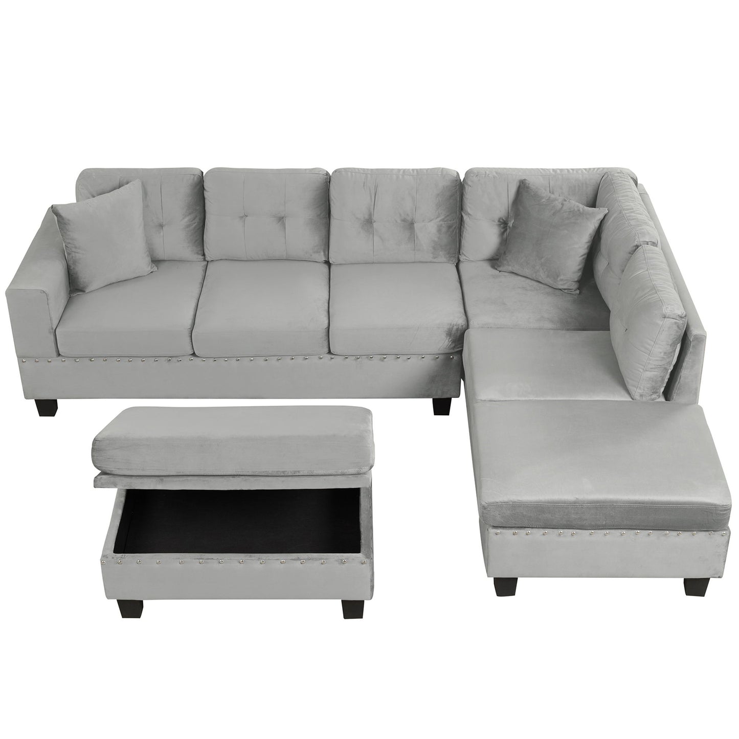 Modern Sectional Sofa With Storage Ottoman, L - Shape Couch With 2 Pillows And Cup Holders - Gray
