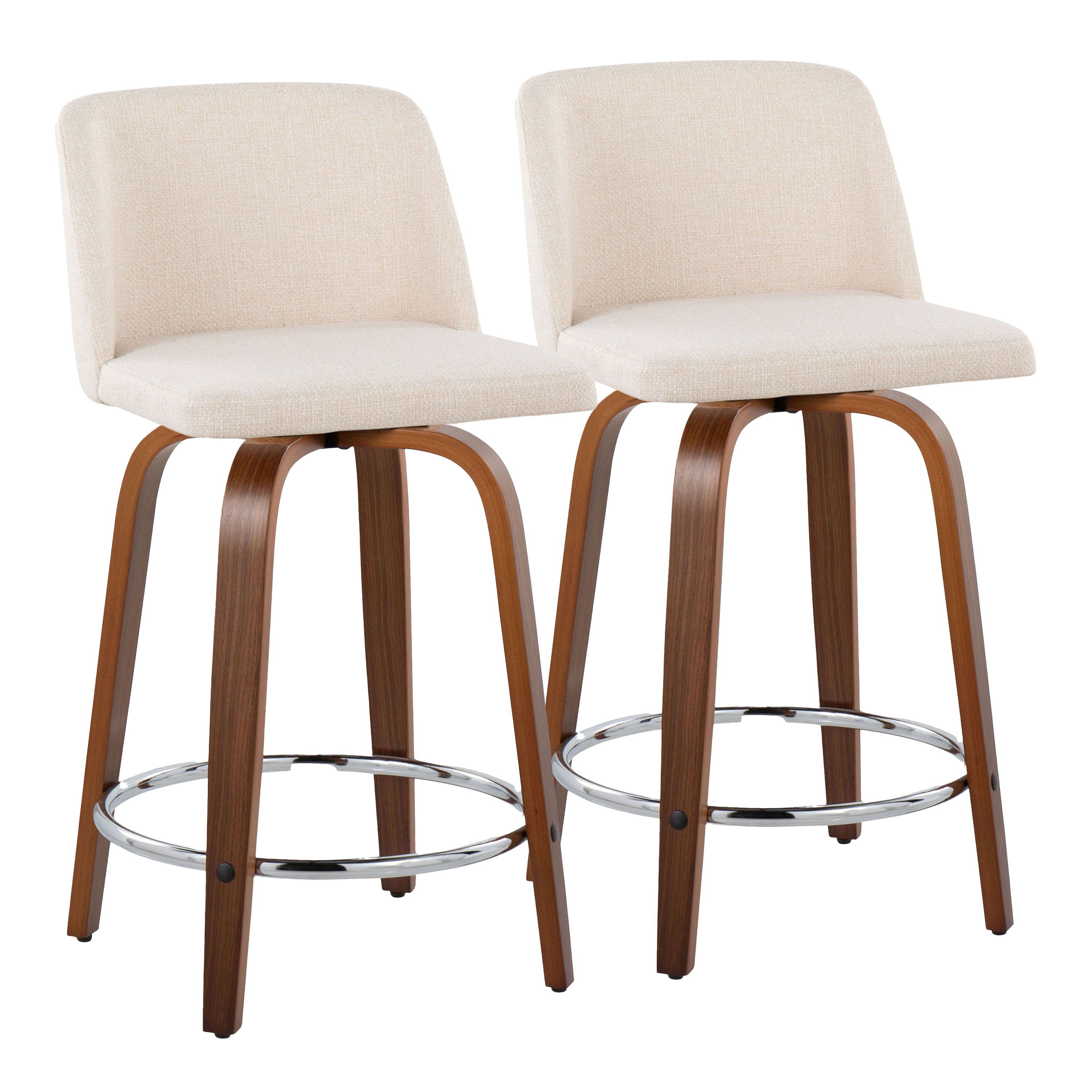 Toriano - Mid-Century Modern Fixed Height Counter Stool & Swivel With Round Footrest (Set of 2) - Walnut / Cream