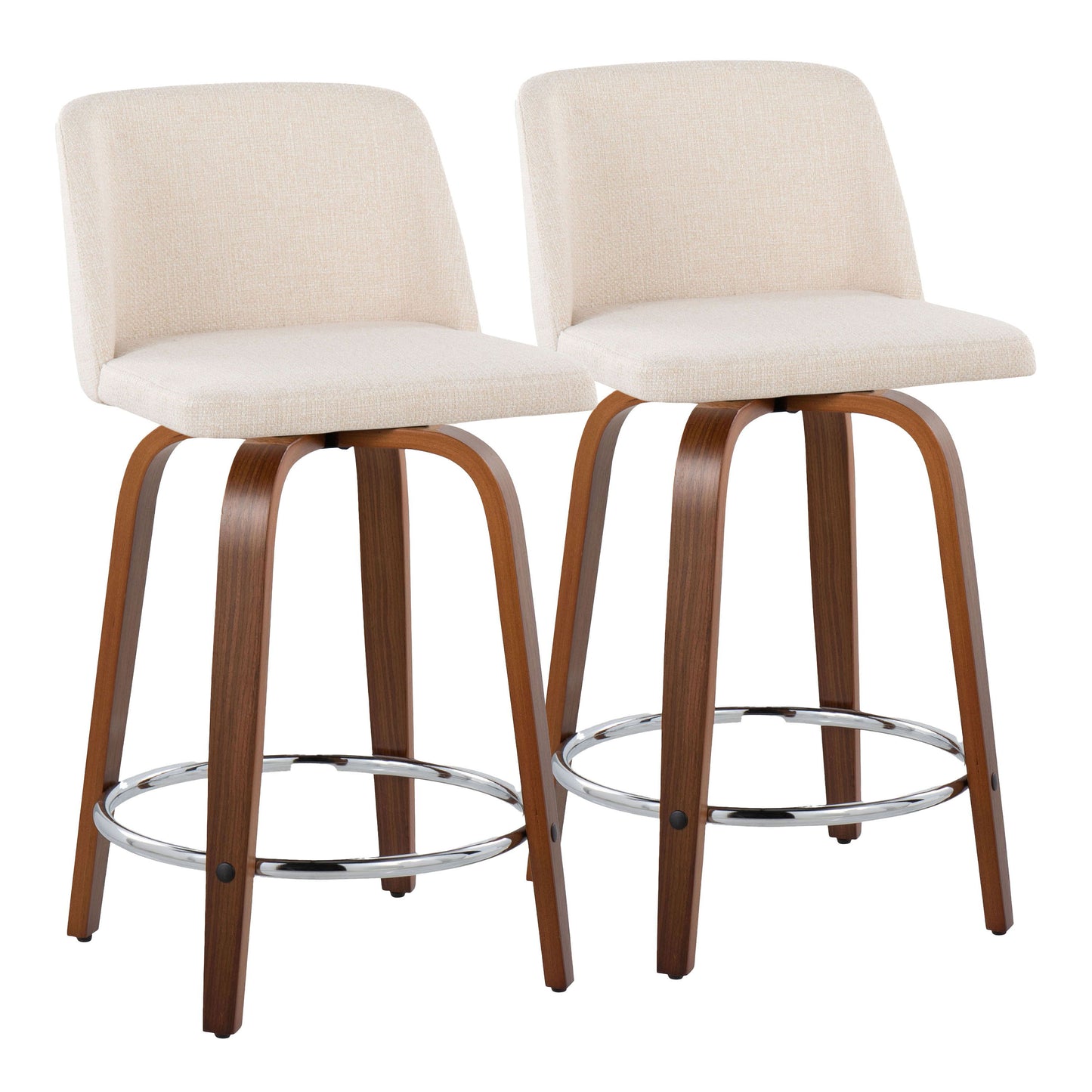 Toriano - Mid-Century Modern Fixed Height Counter Stool & Swivel With Round Footrest (Set of 2) - Walnut / Cream