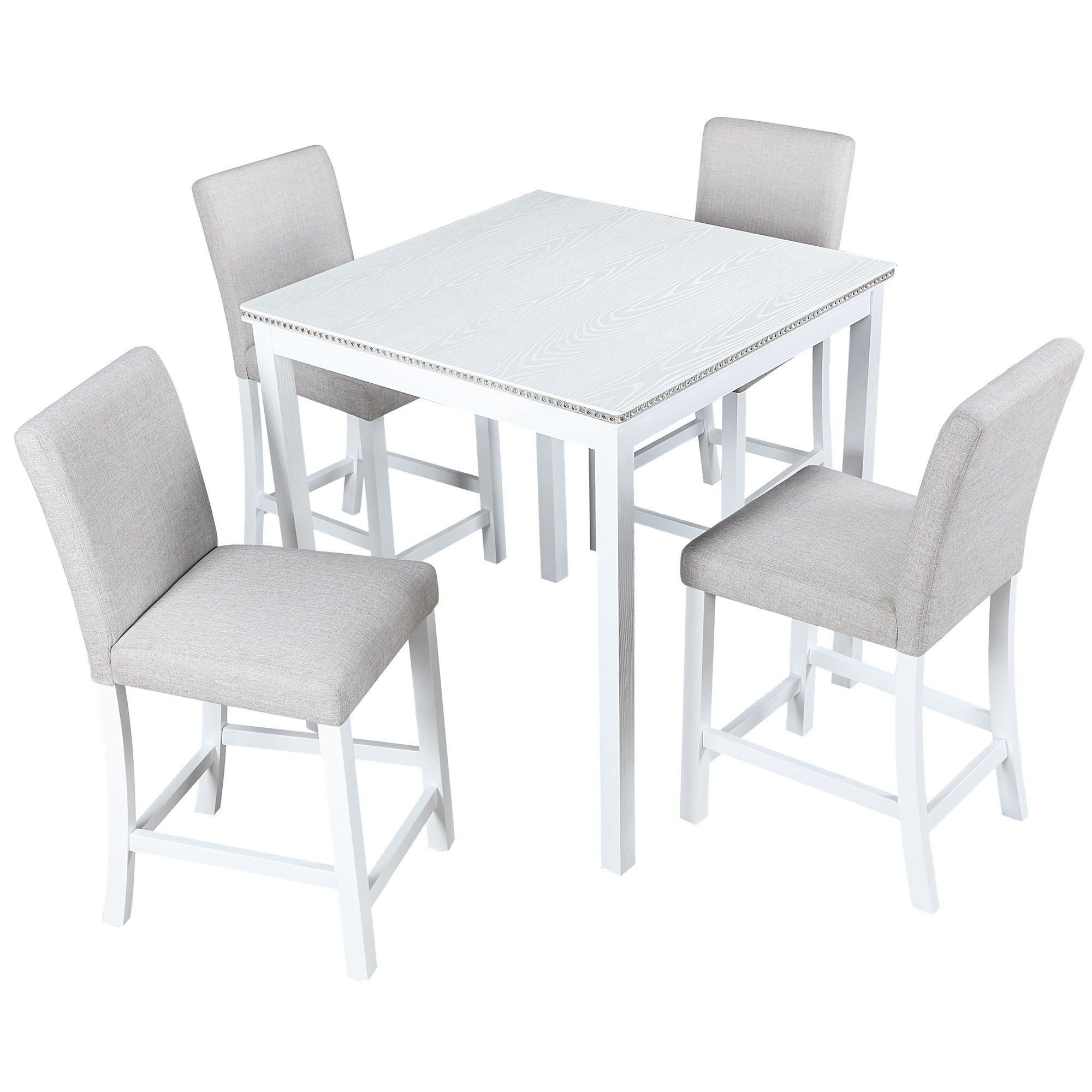 5 Piece Counter Height Table Set, Wooden Kitchen Table Set With Square Table And 4 Upholstered Chairs, Counter Height Dining Table With Crystal Decoration And Chair Set For Kitchen, Dining Room - White