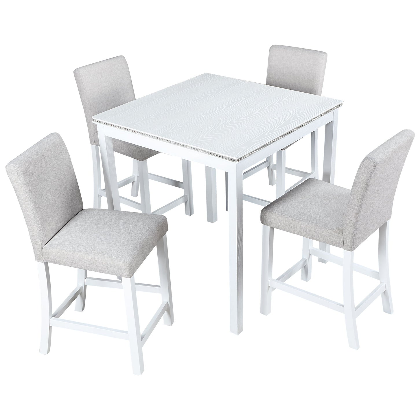 5 Piece Counter Height Table Set, Wooden Kitchen Table Set With Square Table And 4 Upholstered Chairs, Counter Height Dining Table With Crystal Decoration And Chair Set For Kitchen, Dining Room - White