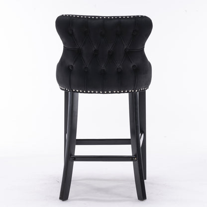 Contemporary Velvet Upholstered Wing-Back Barstools With Button Tufted Decoration And Wooden Legs, And Chrome Nailhead Trim, Leisure Style Bar Chairs, Bar Stools (Set of 4) - Black
