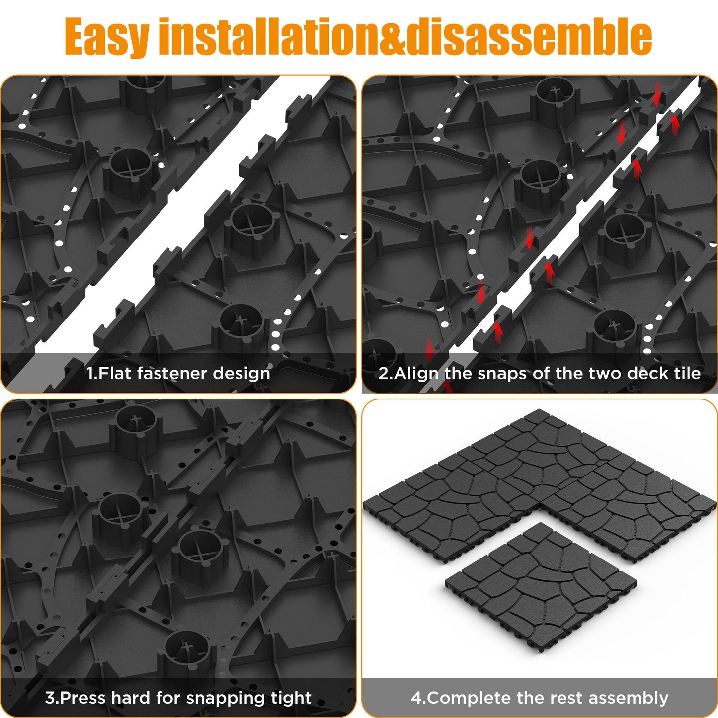 New Stone Texture Patio Deck Tiles, Diy Interlocking Floor Tiles, Easy Installation For Porch Poolside Balcony 12" - Dark Gray