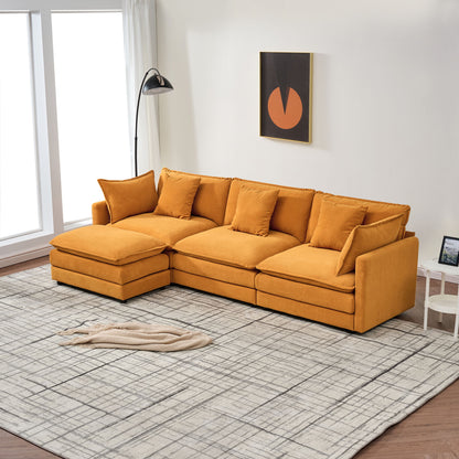 Modular Chenille L Shaped Sofa With Ottoman, Deep Seat, Cushions - Orange