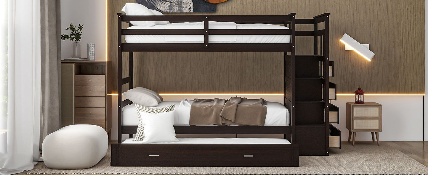 Twin Over Twin Bunk Bed With Trundle And Staircase - Espresso