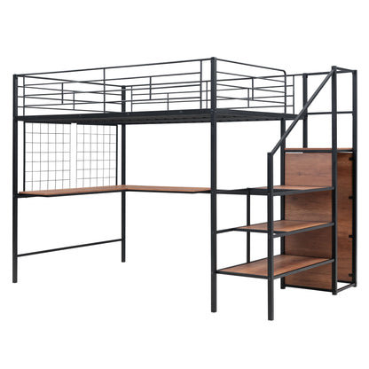 Full Size Loft Bed With Desk And Grid, Stylish Frame With Lateral Storage Ladder And Wardrobe - Black
