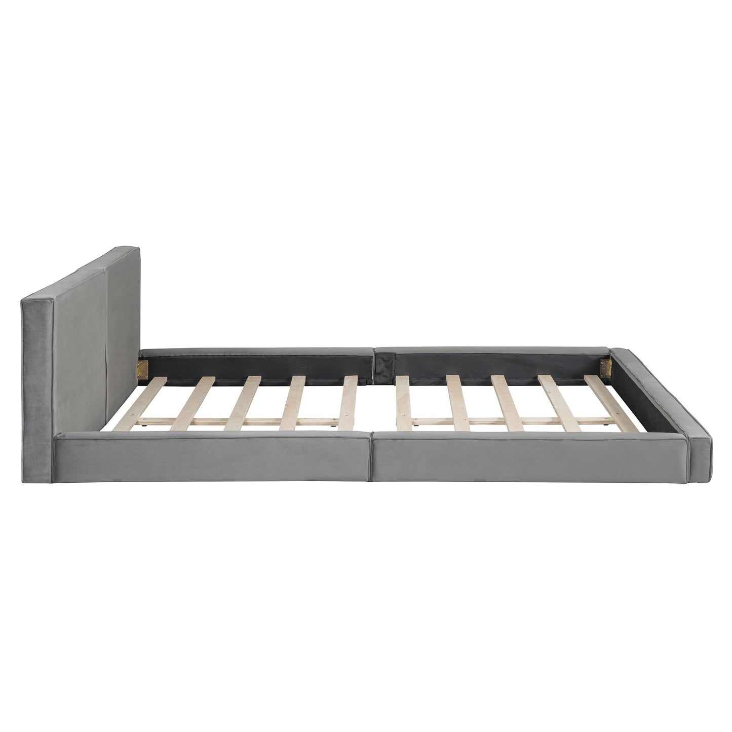 Queen Size Upholstered Platform Bed, Grounded Bed With Solid Frame - Gray