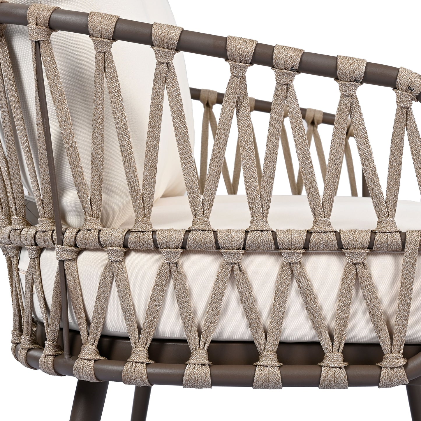 4 Piece Outdoor Patio Furniture Set, Metal Chairs With Woven Rope U Shaped Backrest, Outdoor Conversation Set With Thick Cushions And Coffee Table For Garden, Poolside, Balcony - Brown / Beige
