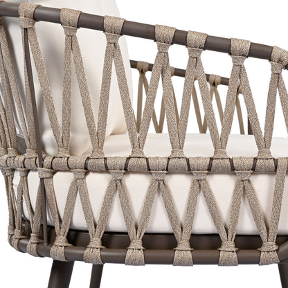 4 Piece Outdoor Patio Furniture Set, Metal Chairs With Woven Rope U Shaped Backrest, Outdoor Conversation Set With Thick Cushions And Coffee Table For Garden, Poolside, Balcony - Brown / Beige