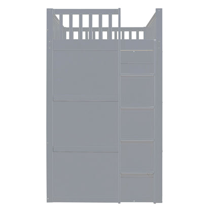 Twin Size House Loft Bed With Ladder And Wardrobe - Gray