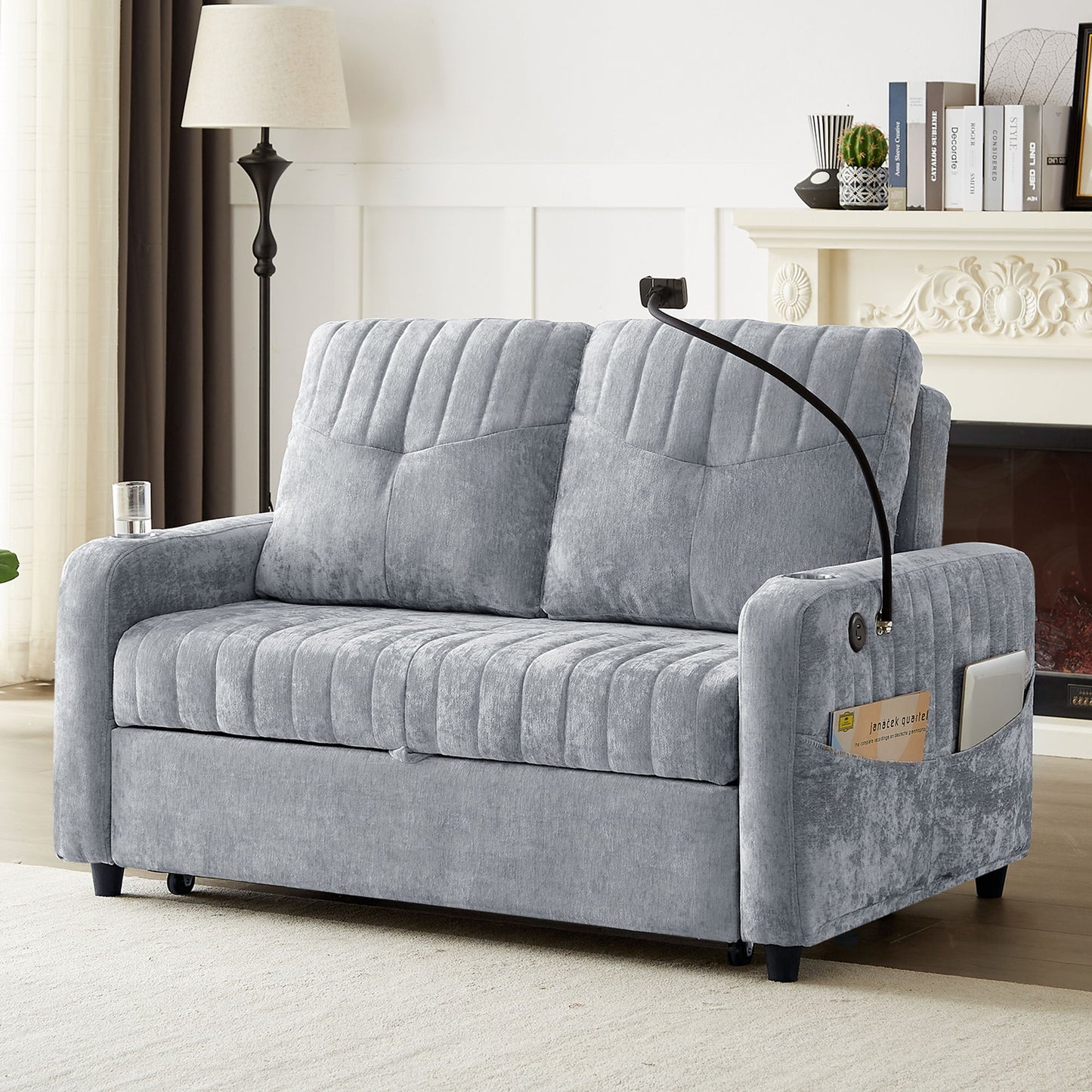 Modern Loveseat Pull Out Sofa Bed With Adjustable Backrest, Two Cup Holders, A Phone Holder, Three Charging Ports And Side Storage Pockets For Living Room - Gray