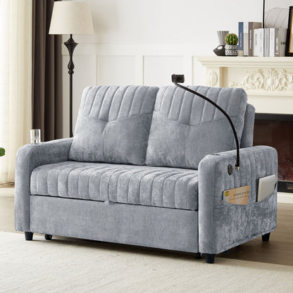 Modern Loveseat Pull Out Sofa Bed With Adjustable Backrest, Two Cup Holders, A Phone Holder, Three Charging Ports And Side Storage Pockets For Living Room - Gray