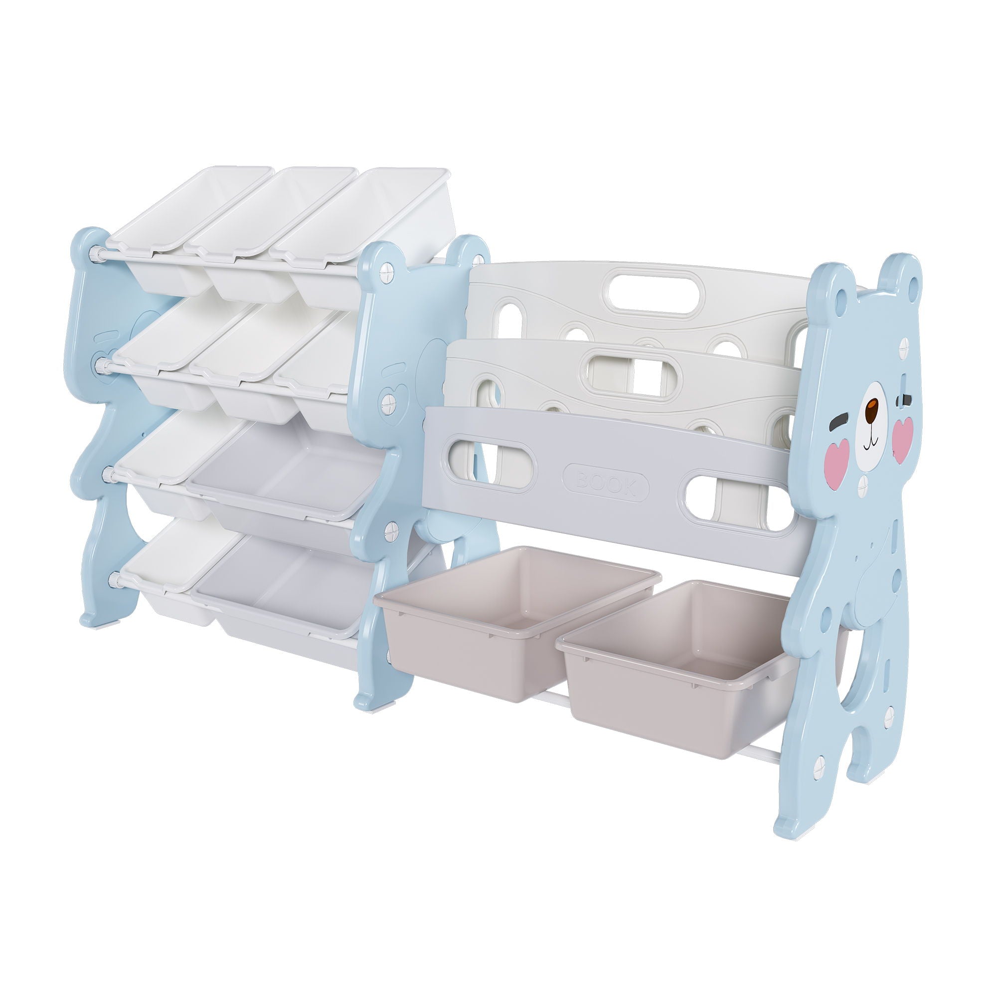 Kids Toy Storage Organizer With 2 Tier Bookshelf, Toy Storage With 12 Bins - Blue