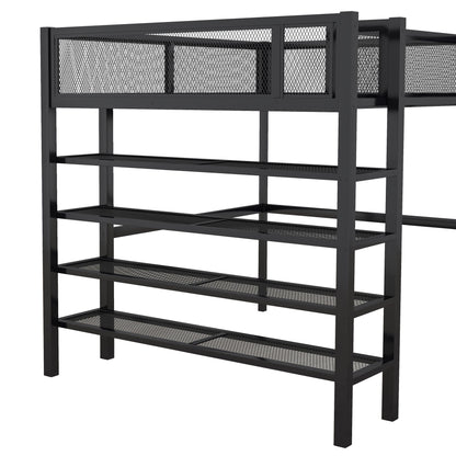 Full Size Loft Bed With 4 Tier Shelves And Storage - Black
