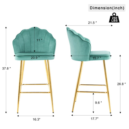 Shell Shape Velvet Bar Chair With Gold Plated Metal Legs (Set of 2) - Green
