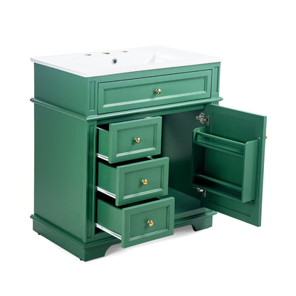 30" Bathroom Vanity With Sink, 1 Tip Out Drawer, 3 Drawers, Door Shelf, Soft Closing Door - Green