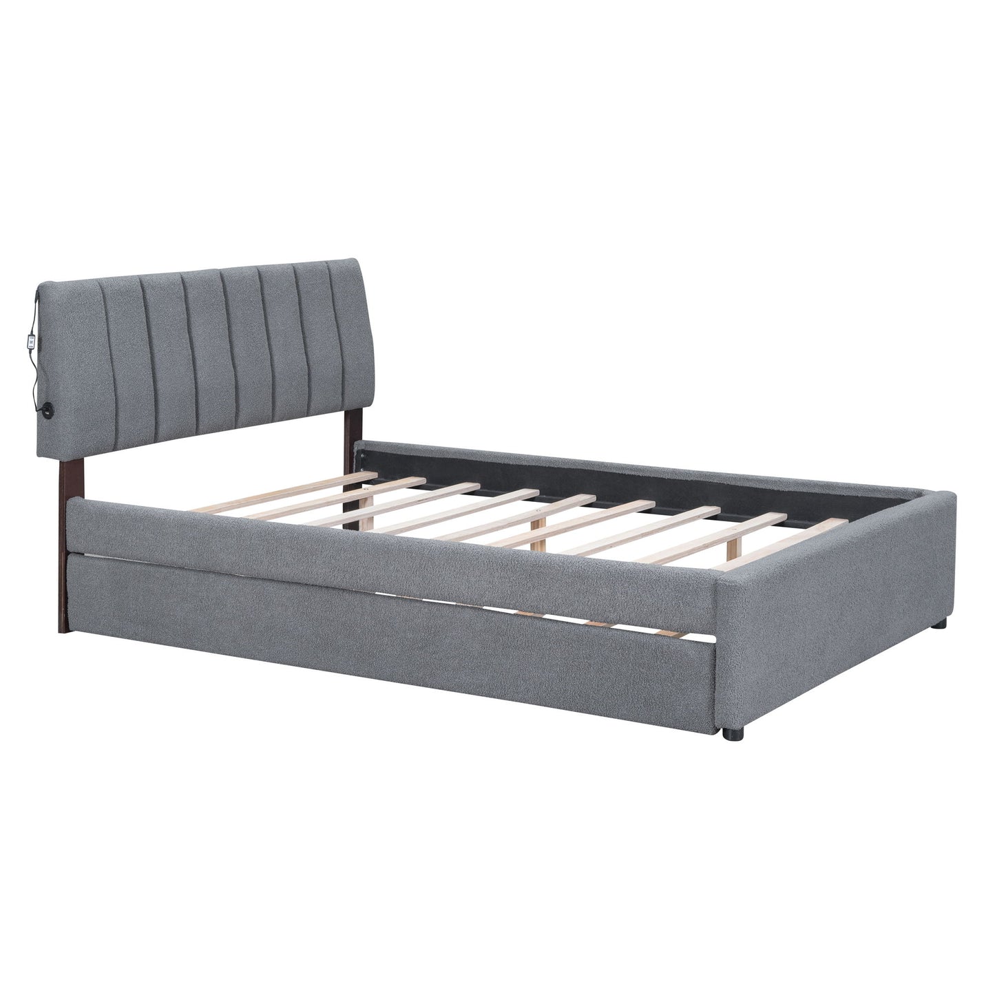 Full Size Upholstered Platform Bed With Twin Size Trundle - Gray
