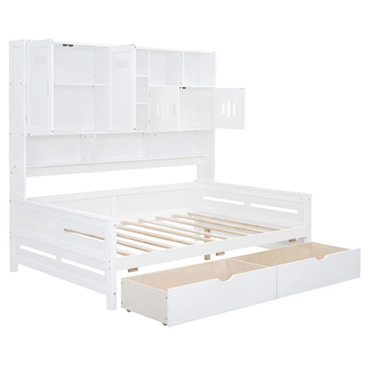 Full Size Daybed With 2 Drawers And All In One Cabinet And Shelf - White