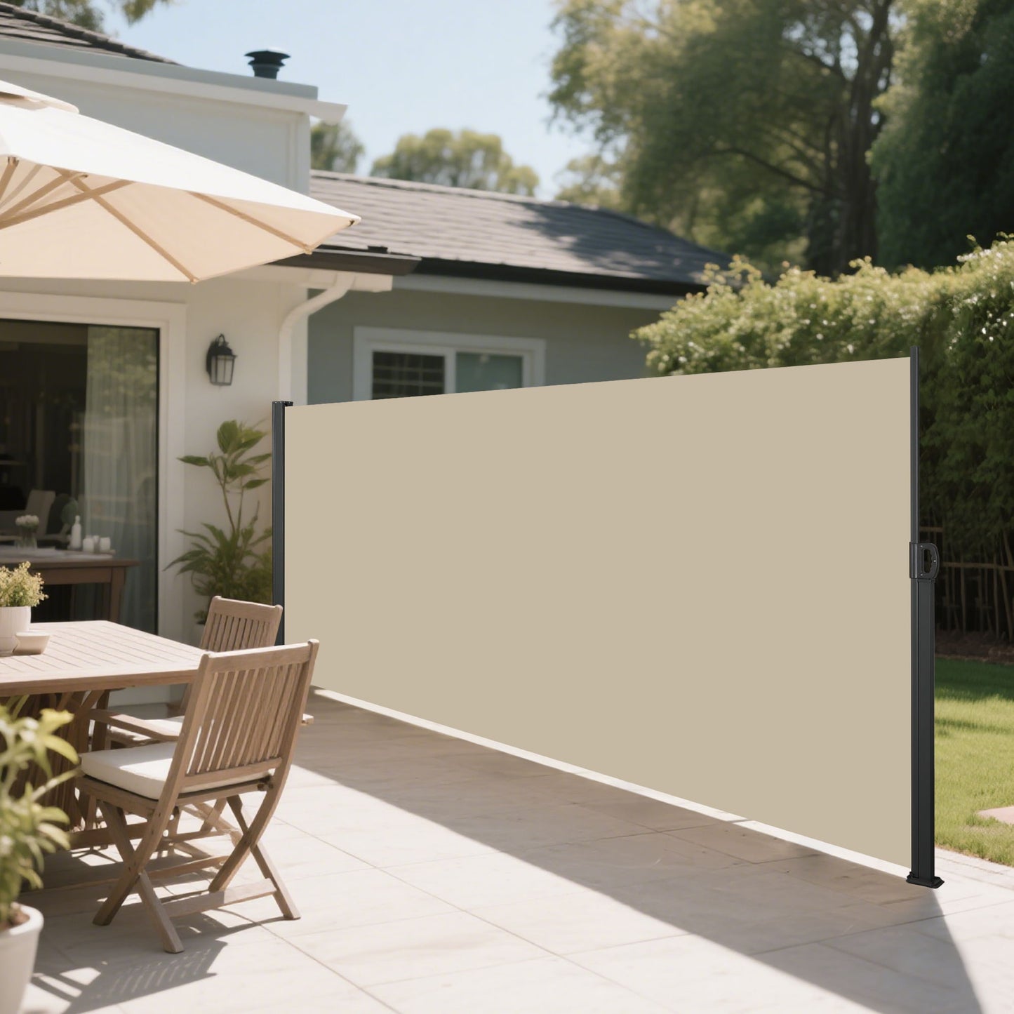 Retractable Side Awning Waterproof And UV Resistant Privacy Screen For Patio Balcony Garden Polyester With Frame - Acacia Wood / Beige