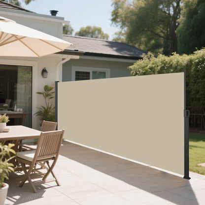 Retractable Side Awning Waterproof And UV Resistant Privacy Screen For Patio Balcony Garden Polyester With Frame - Acacia Wood / Beige