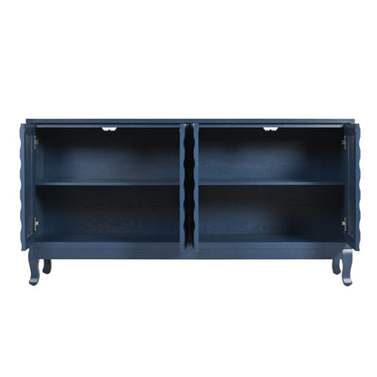 Elegant Sideboard With Sophisticated Wavy Pattern Doors And Arched Groove Design, Adjustable 4 Door Layout - Navy Blue