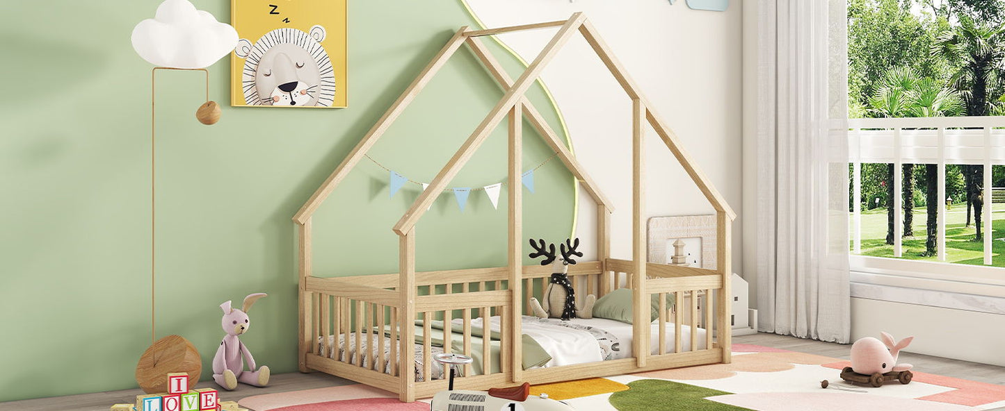 Twin Wood House-Shaped Floor Bed With Fence, Guardrails - Natural