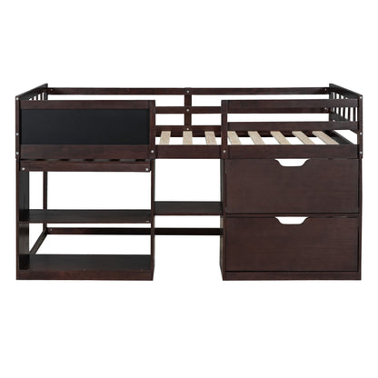 Twin Size Low Loft Bed With Rolling Desk, Shelf And Drawers - Espresso