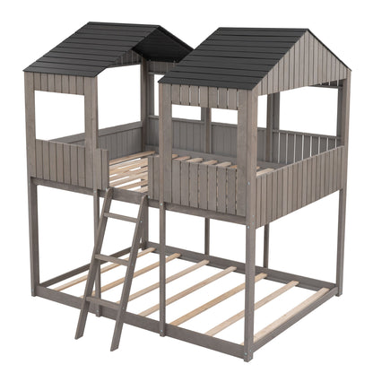 Full Over Full Bunk Bed With Roof, Window, Guardrail, Ladder - Antique Gray