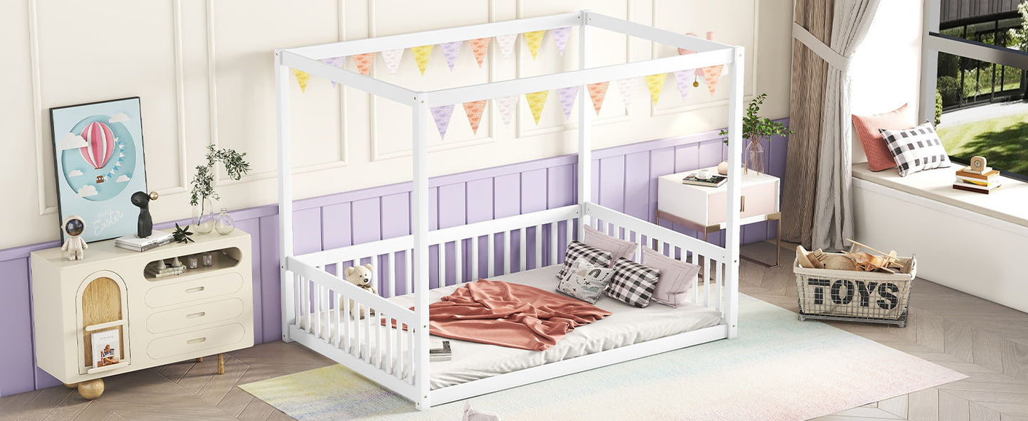 Full Size Canopy Frame Floor Bed With Fence, Guardrails - White